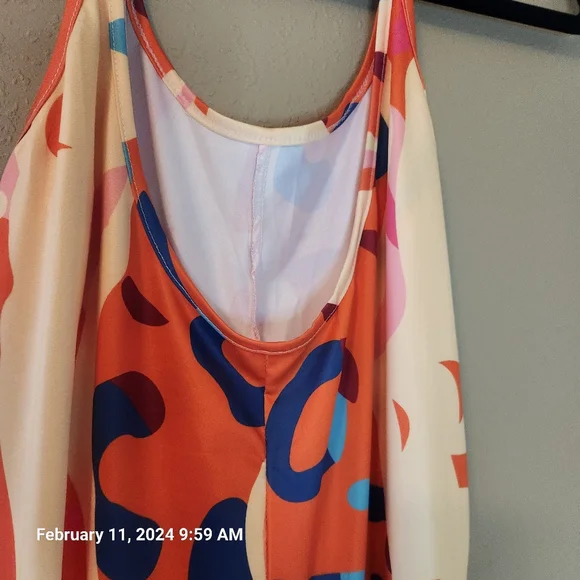 Orange, blue, yellow, and pink jumpsuit. Spaghetti straps. Size Large. - Picture 5 of 8